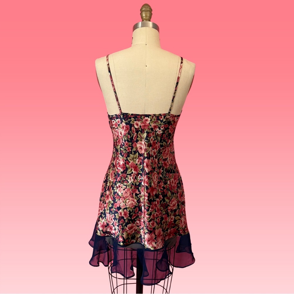 Vintage 80s 90s Coquette Rosette Floral Slip Dress Navy Ruffle Mini Slip Dress S - Picture 4 of 15